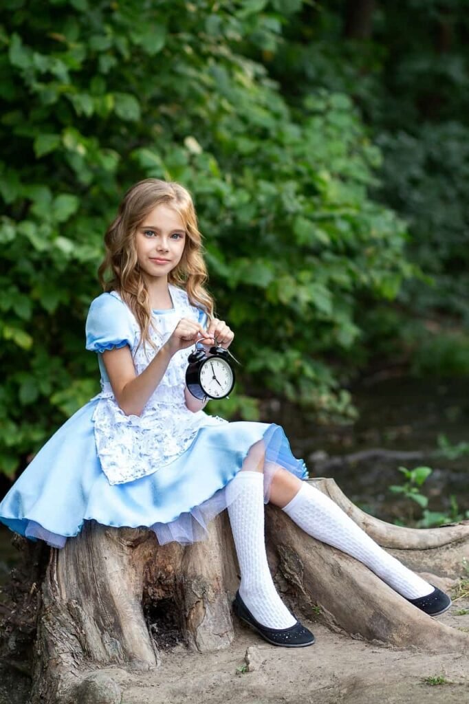 Alice in Wonderland holding a clock